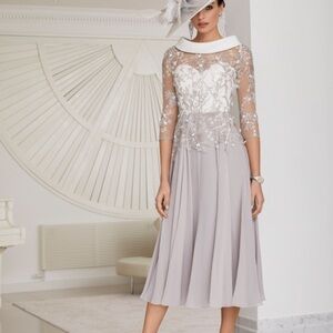 Veni Infantino Elegant Taupe and Ivory Lace Dress